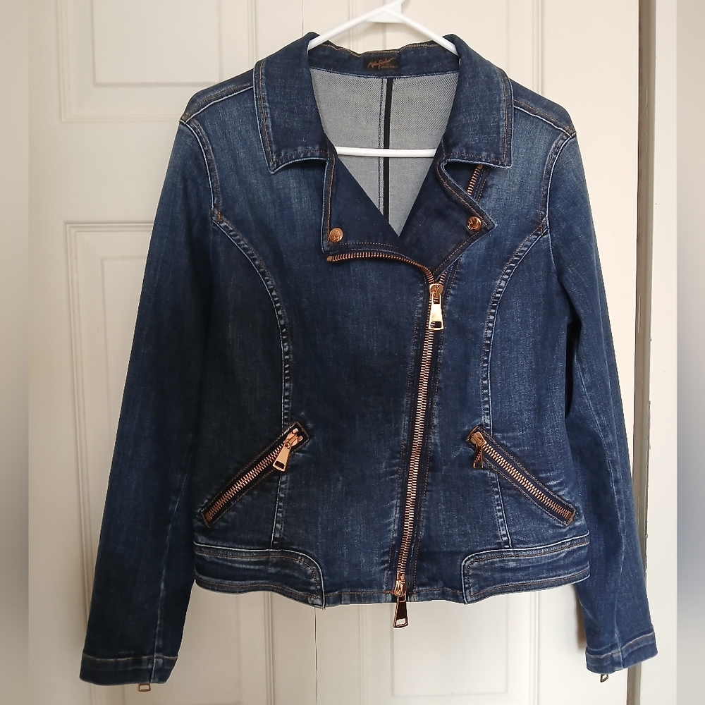 ASHLEY GRAHAM X MARINA RINALDI Gold Zip Denim Jacket, Size small/medium (S/M)